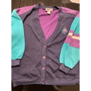 Gina Peters Colorblock Sweatshirt Cardigan Purple Teal Oversized Size L